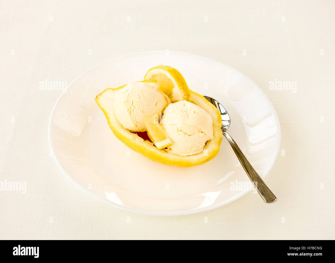 Half of an Amalfitano Lemon filled with Lemon Ice Cream Stock Photo