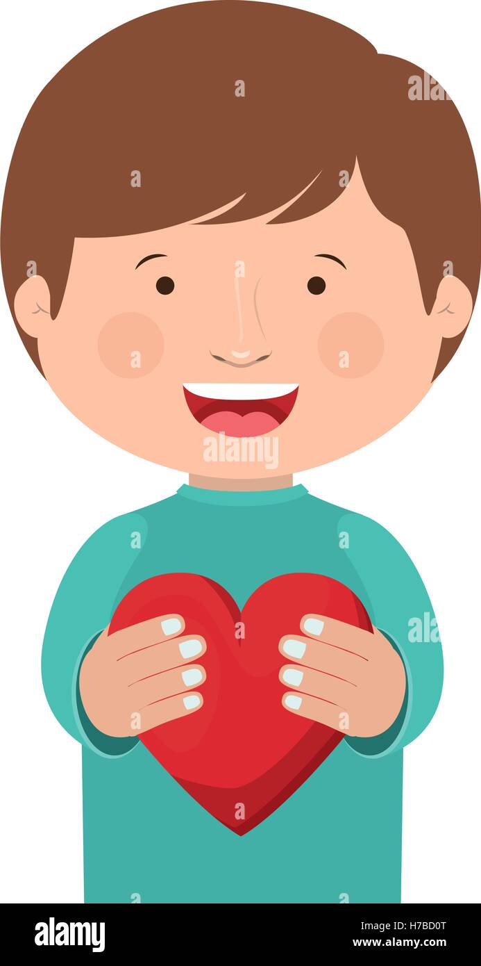 boy smiling holding a red heart over white background. vector ...