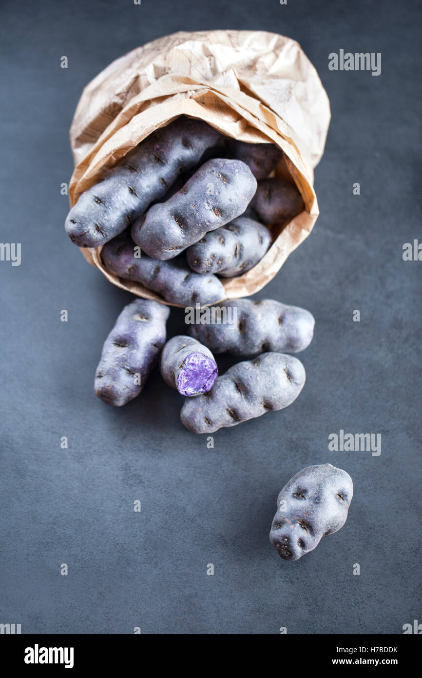 Vitelotte, also called Vitelotte noire, Négresse or Truffe de Chine, is a gourmet French variety of blue-violet potato. Stock Photo