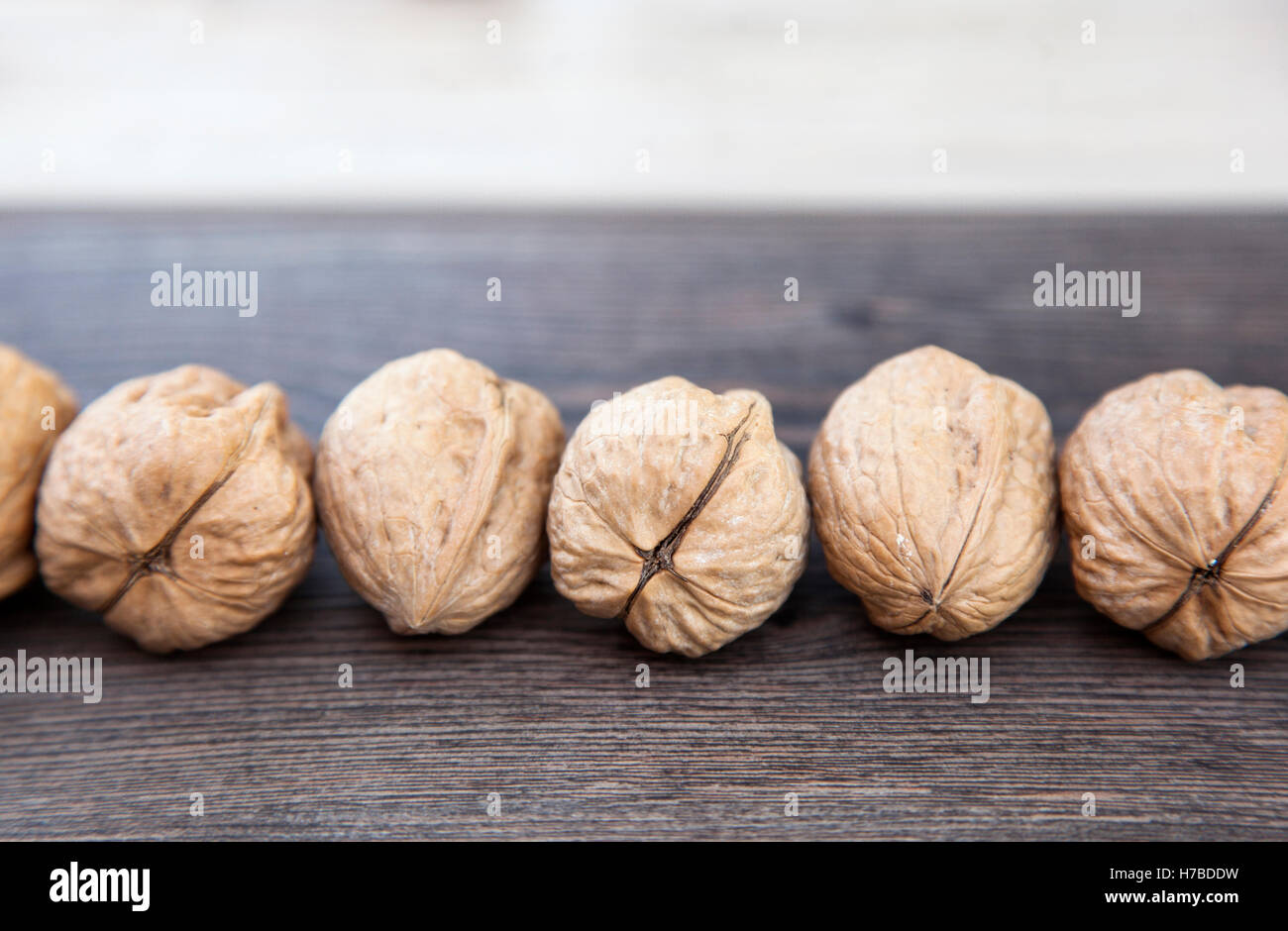 Close up view of fresh walnuts in a row. Stock Photo