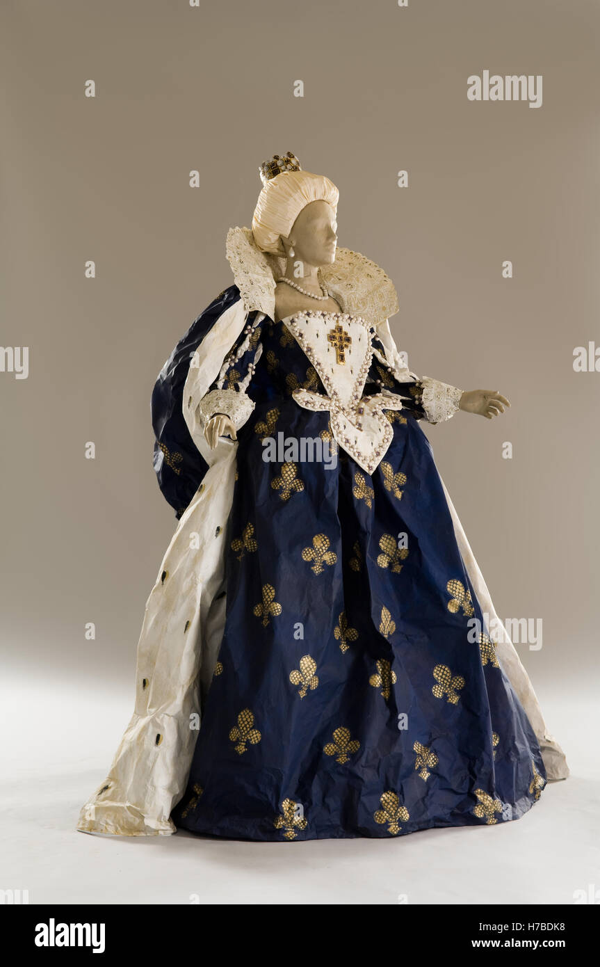 Gold print navy blue historical replica paper dress, by Isabelle de Borchgrave Stock Photo