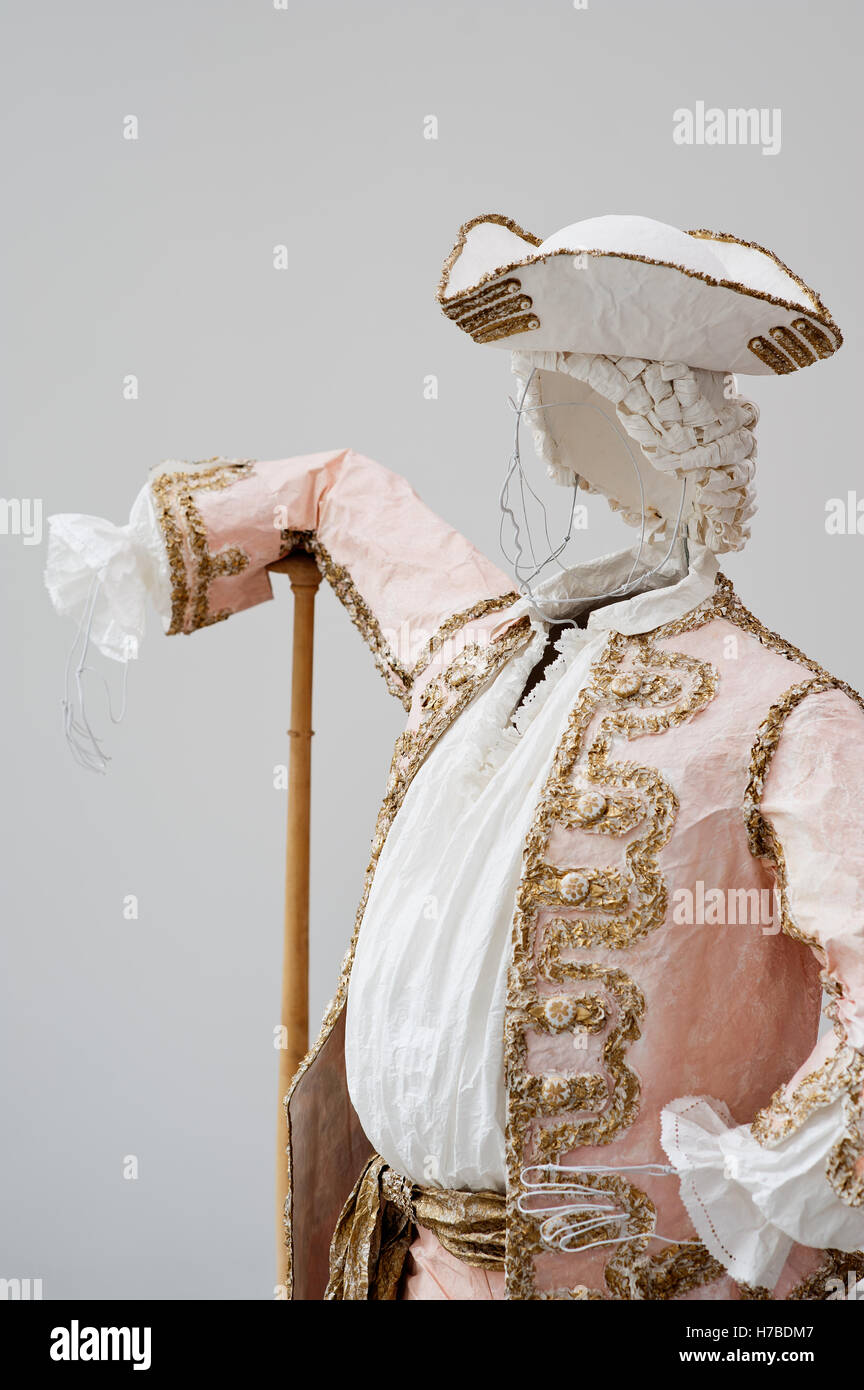 Pink jacket with embroidered lapels and tricorn hat, historical replica paper garments, by Isabelle de Borchgrave Stock Photo