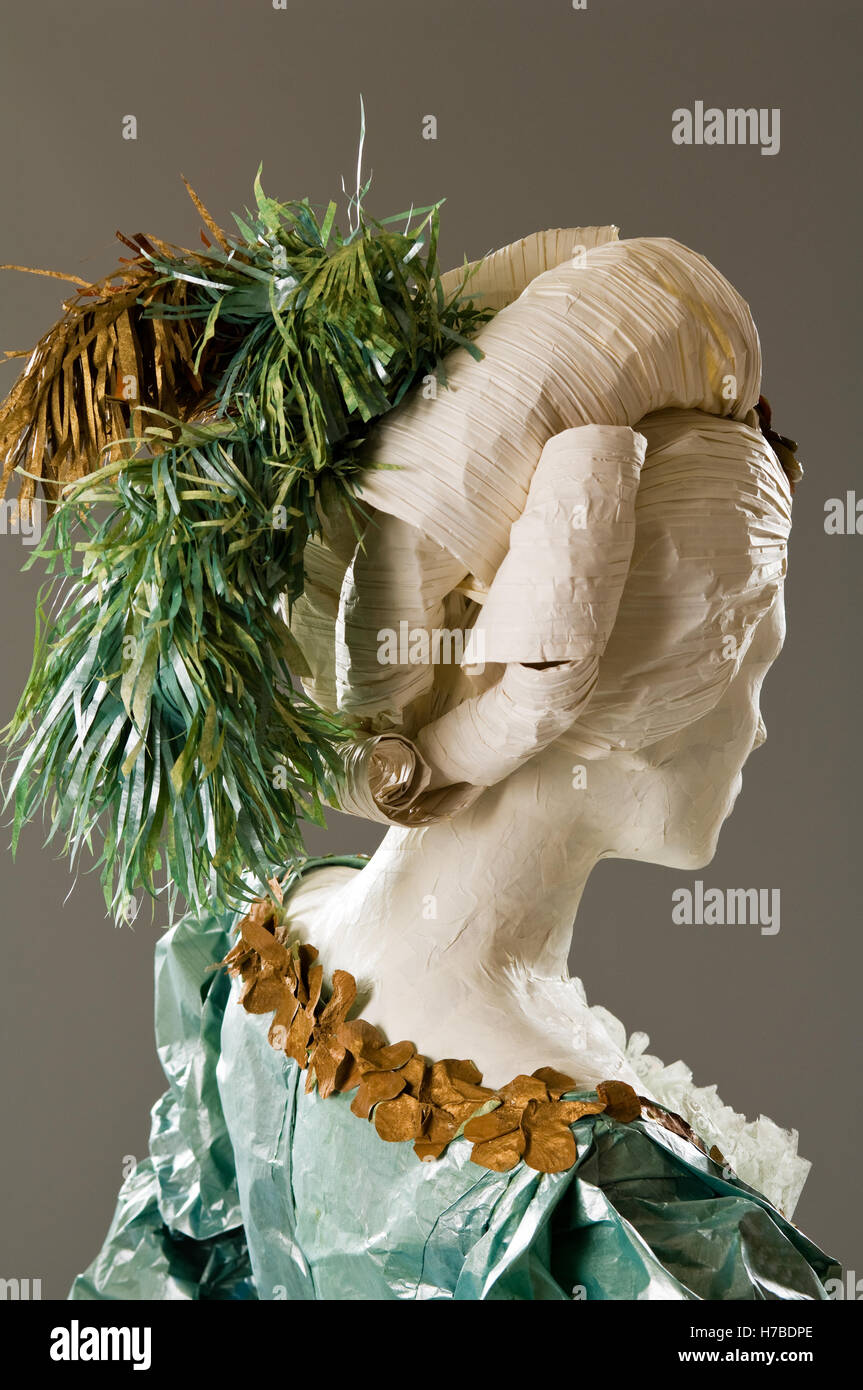 Green feathers in historical replica paper hair by Isabelle de Borchgrave Stock Photo