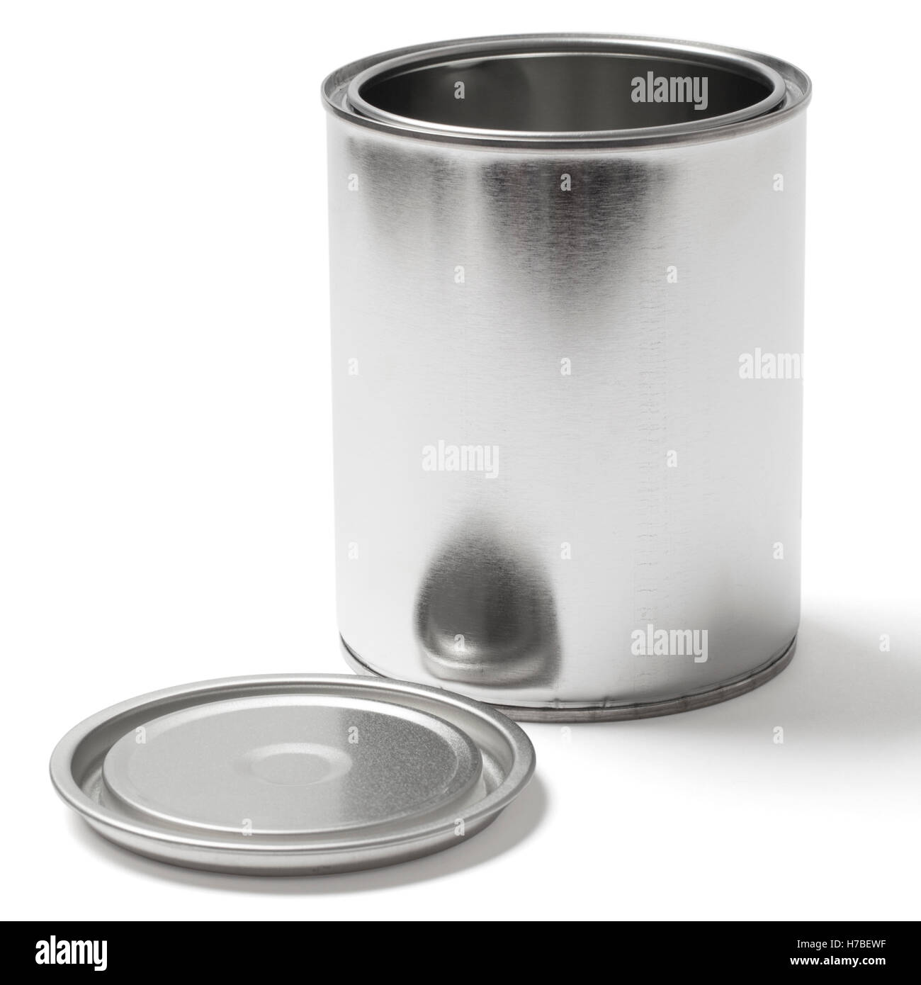 Blank tin paint can with an open lid isolated on white background with a clipping path. Stock Photo