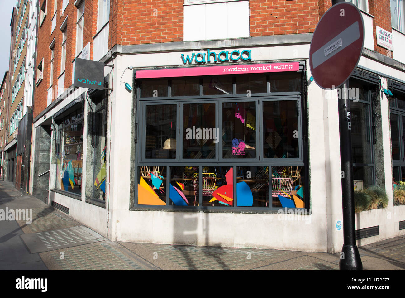 Following a suspected outbreak of norovirus, several branches of the Wahaca Mexican food chain were closed after over 350 members of the public and staff fell ill of a probable breakout of the winter vomiting bug, including this branch in Great Portland Street in London, United Kingdom. Co-founders Thomasina Miers, and Mark Selby, said: “We assessed each case and when it became clear they were not isolated incidents, we got in touch with relevant officials at Public Health England and environmental health officers.” In all nine branches were suspected and closed, and four have reopened as of 3 Stock Photo