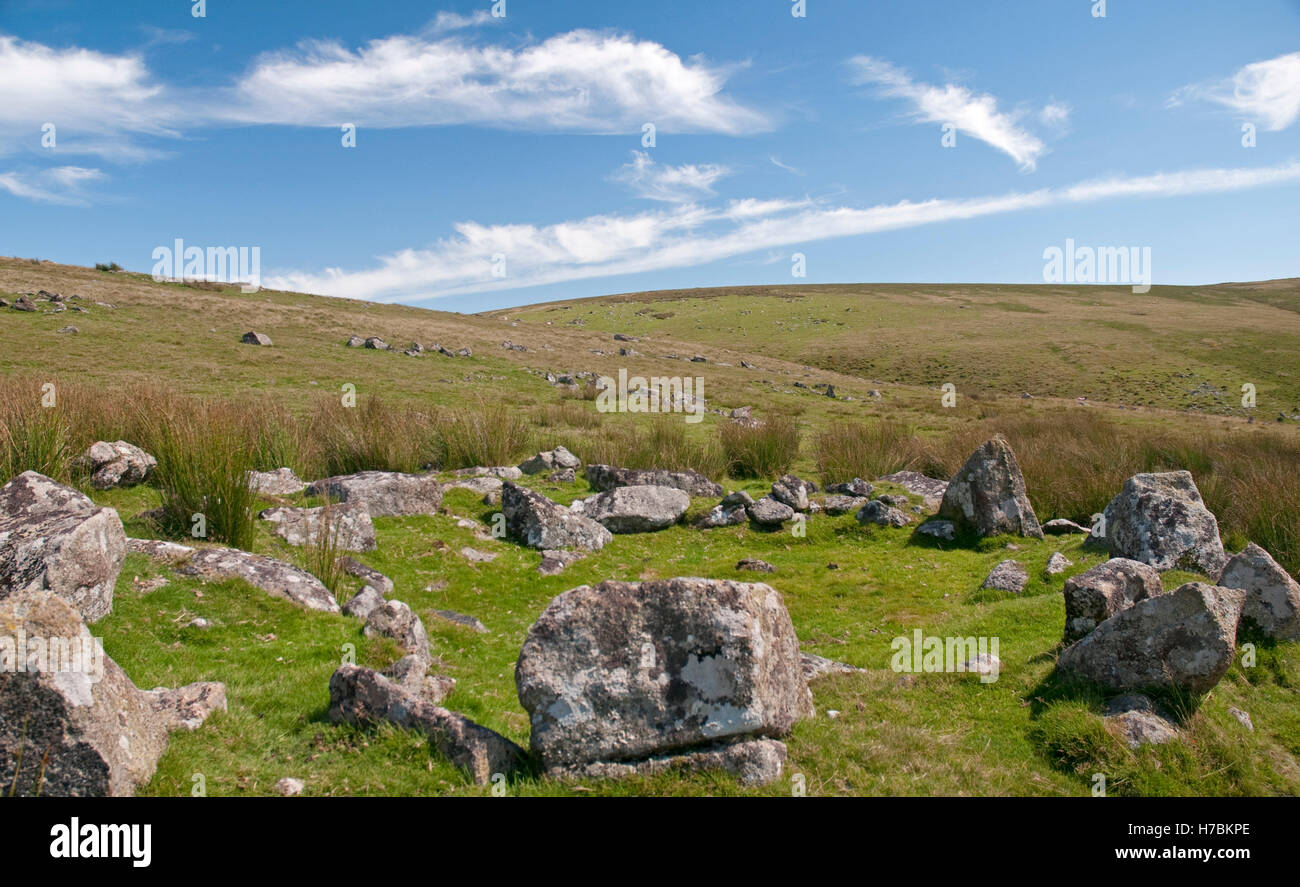 Old stone circle on Langstone Moor, Dartmoor Stock Photo