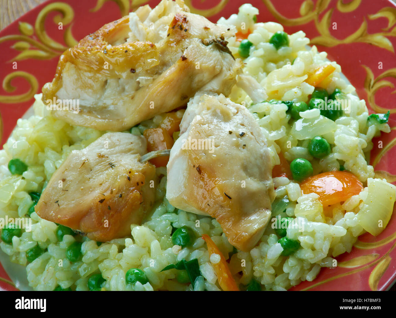 Qatami Brinjit fried chicken with rice and vegetables. Georgian cuisine Stock Photo
