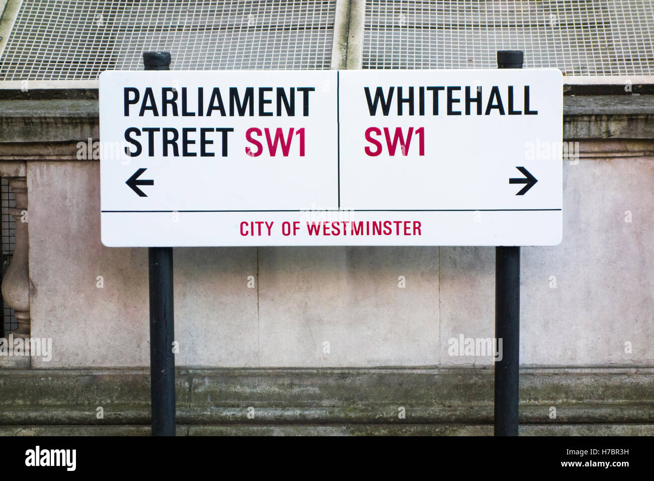 Parliament Street and Whitehall sign with arrows pointing in different directions. London, UK Stock Photo
