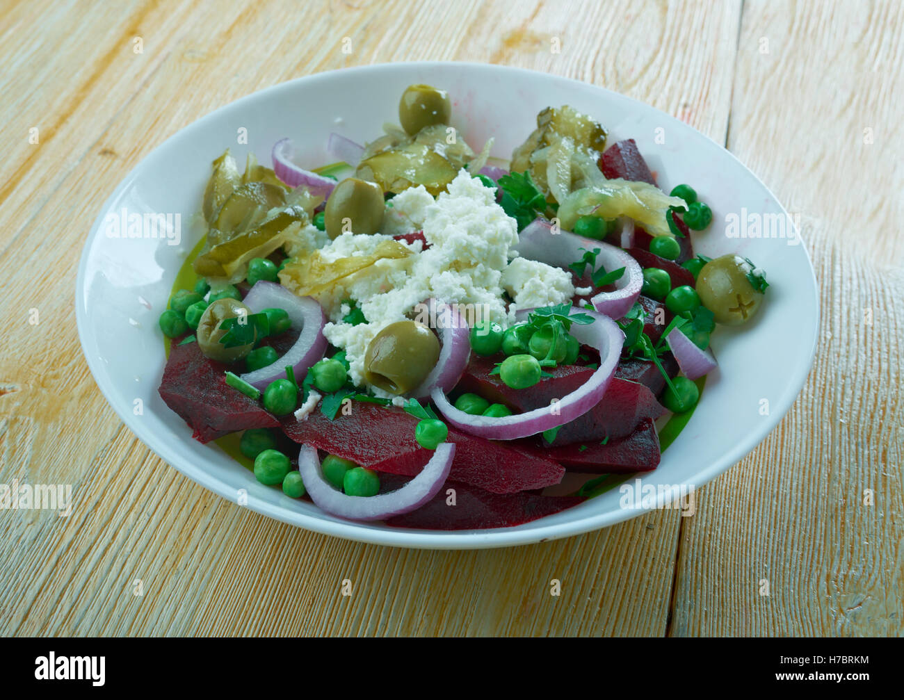 Beetroot, green pea,feta salad.Mediterranean Kitchen Stock Photo