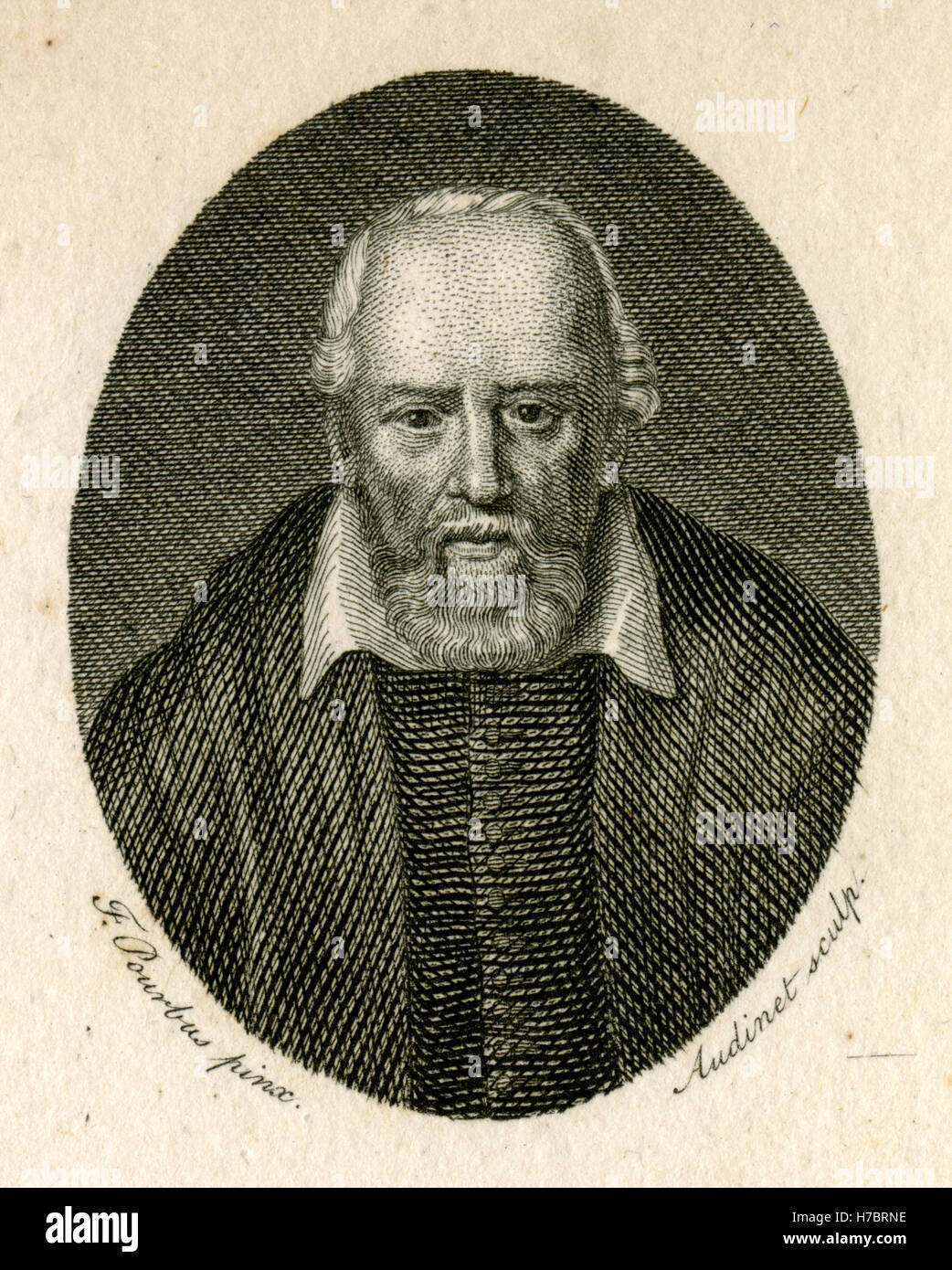 Antique 1794 engraving, George Buchanan. George Buchanan (1506-1582) was a Scottish historian and humanist scholar. According to historian Keith Brown, Buchanan was 'the most profound intellectual sixteenth century Scotland produced.' His ideology of resistance to royal usurpation gained widespread acceptance during the Scottish Reformation. Brown says the ease with which King James VII was deposed in 1689 shows the power of Buchananite ideas. SOURCE: ORIGINAL ENGRAVING. Stock Photo