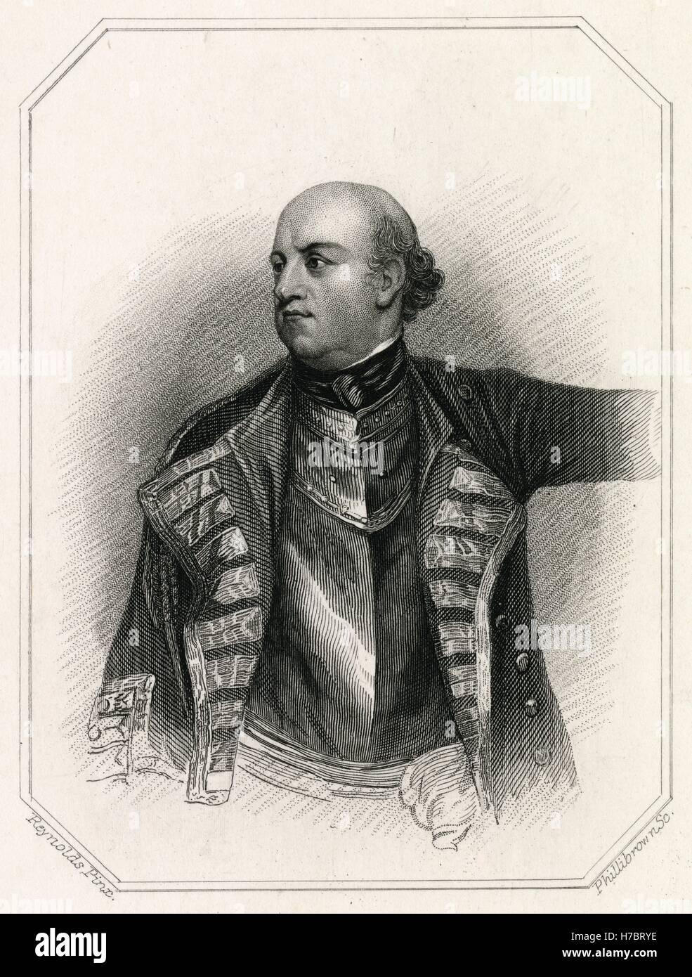 Antique c1840 engraving, John Manners, Marquess of Granby. Lieutenant-General John Manners, Marquess of Granby PC, (2 January 1721 – 18 October 1770), British soldier, was the eldest son of the 3rd Duke of Rutland. SOURCE: ORIGINAL ENGRAVING. Stock Photo