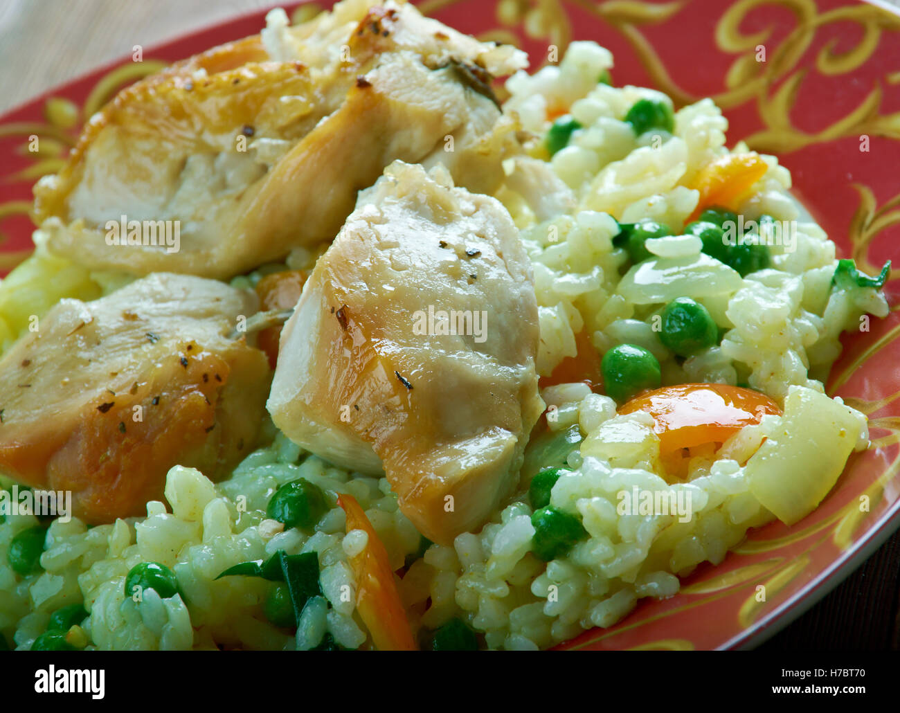 Qatami Brinjit fried chicken with rice and vegetables. Georgian cuisine Stock Photo