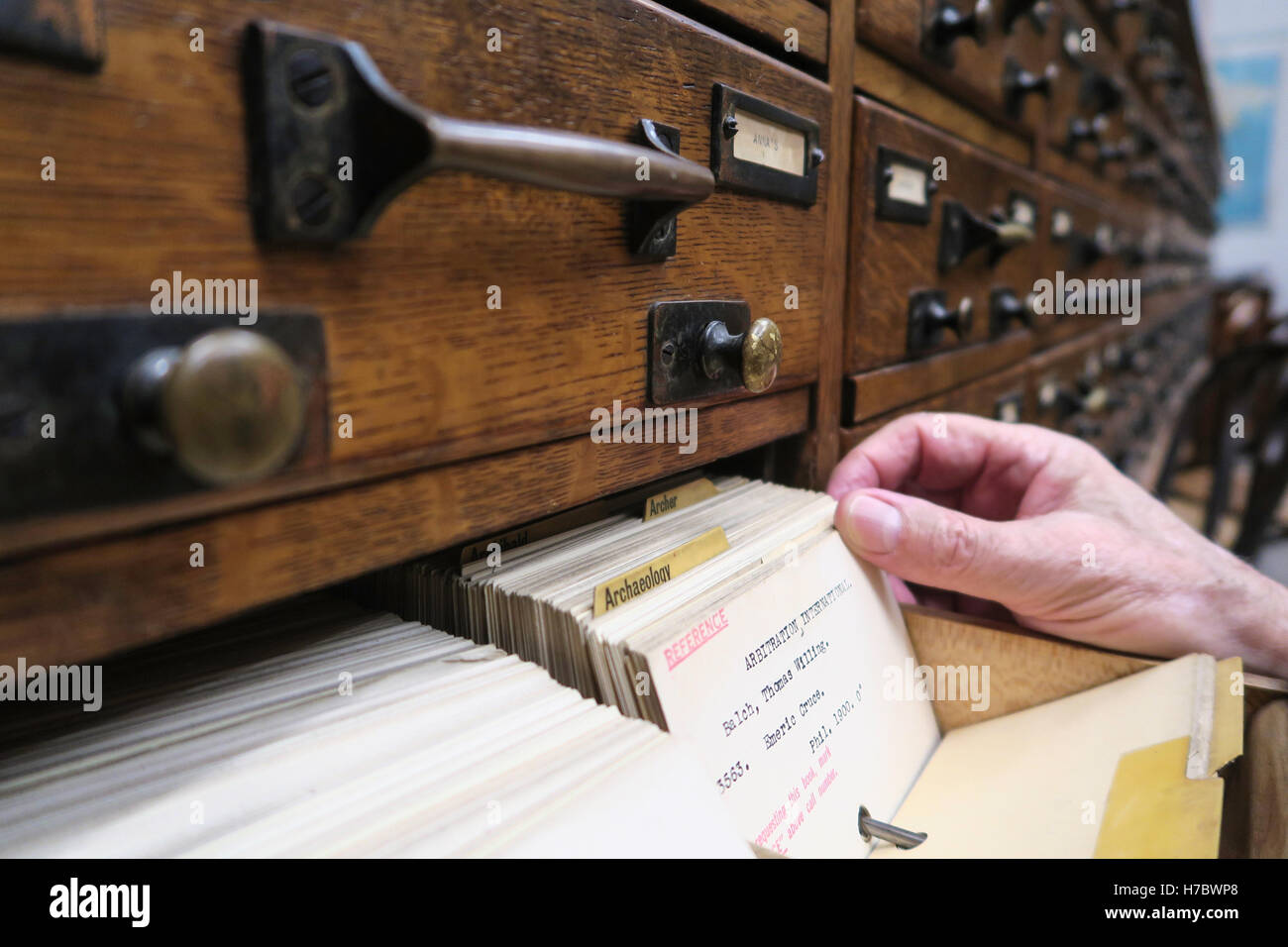 Man Researching Book,  Library Card Catalog, USA Stock Photo