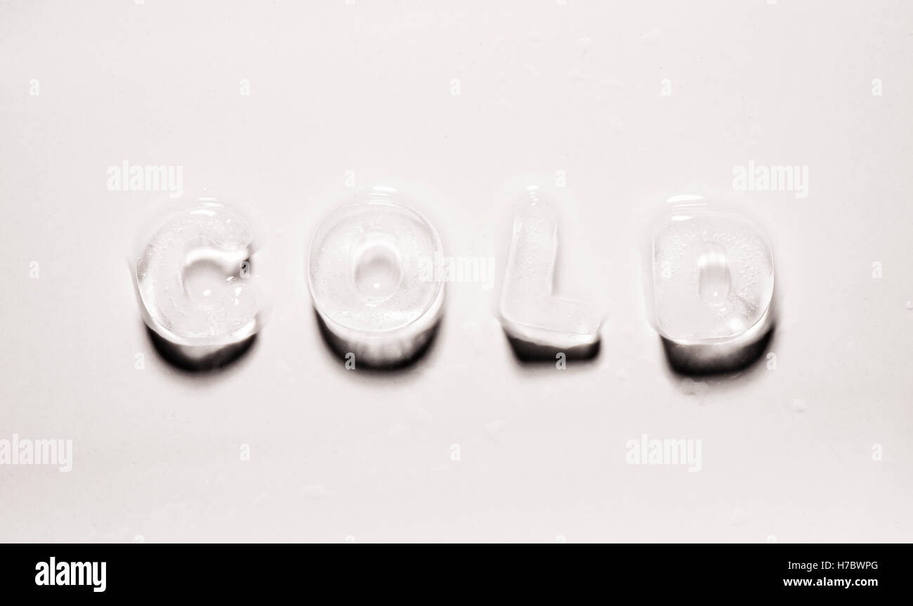 Ice written as the word cold. Concept of freezing, temperature and water. Stock Photo