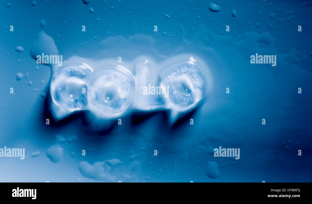 Ice written as the word cold. Concept of freezing,  temperature and water. Stock Photo