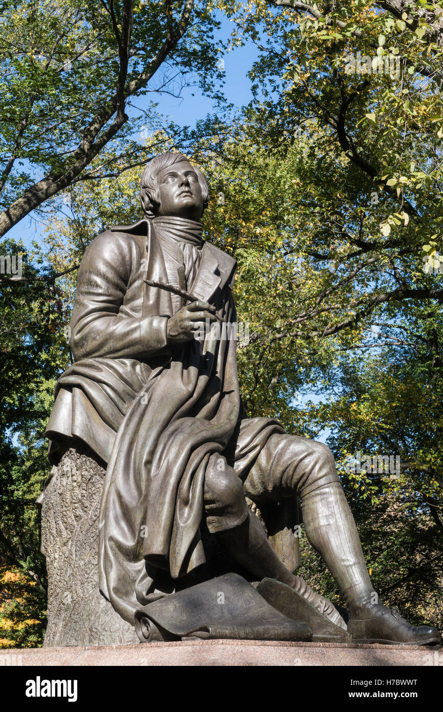 Robert Burns Sculpture is located at the South end of Literary Walk in Central Park, New York City, USA Stock Photo