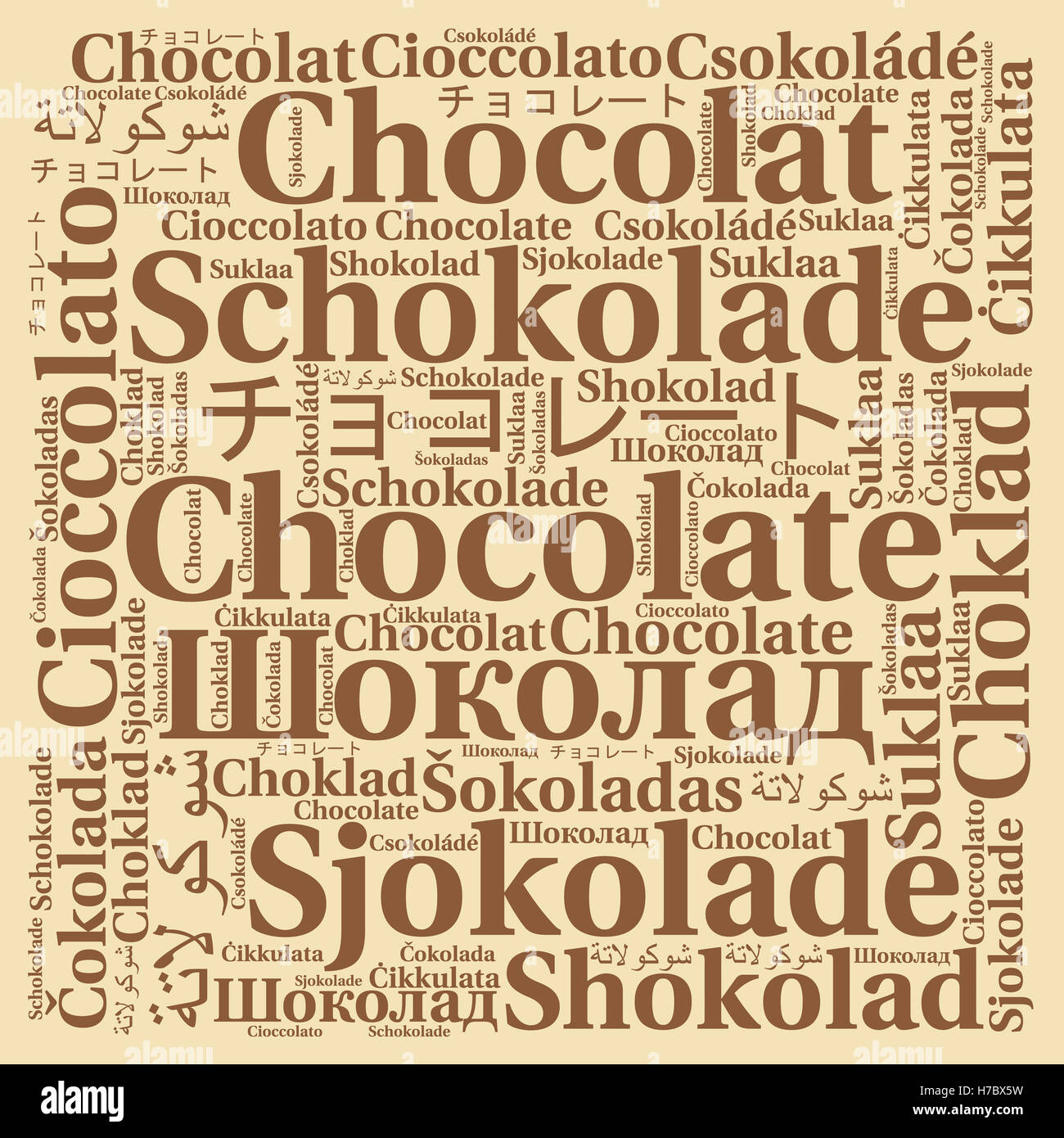 Chocolate in different languages word cloud Stock Photo Alamy