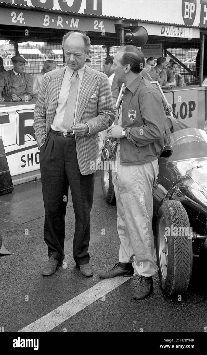 1957 Raymond Mays of BRM Les Leston British motor racing driver pits Aintree UK Stock Photo