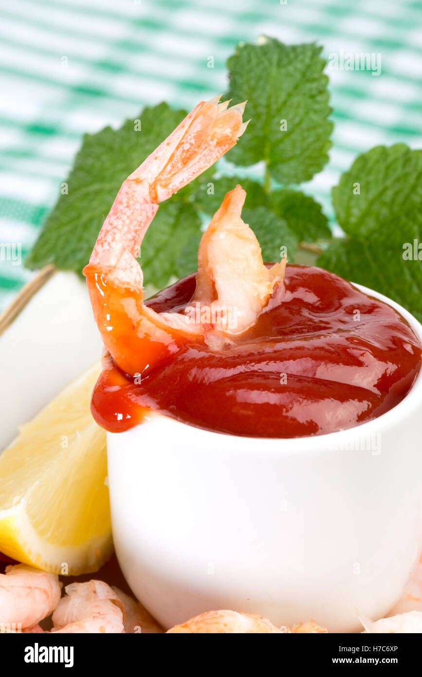 shrimp with tomato sauce ketchup modern Chinese cuisine Stock Photo