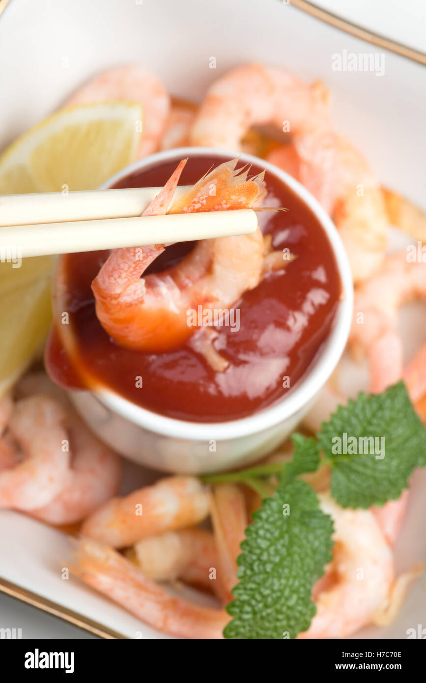 shrimp with tomato sauce ketchup modern Chinese cuisine Stock Photo