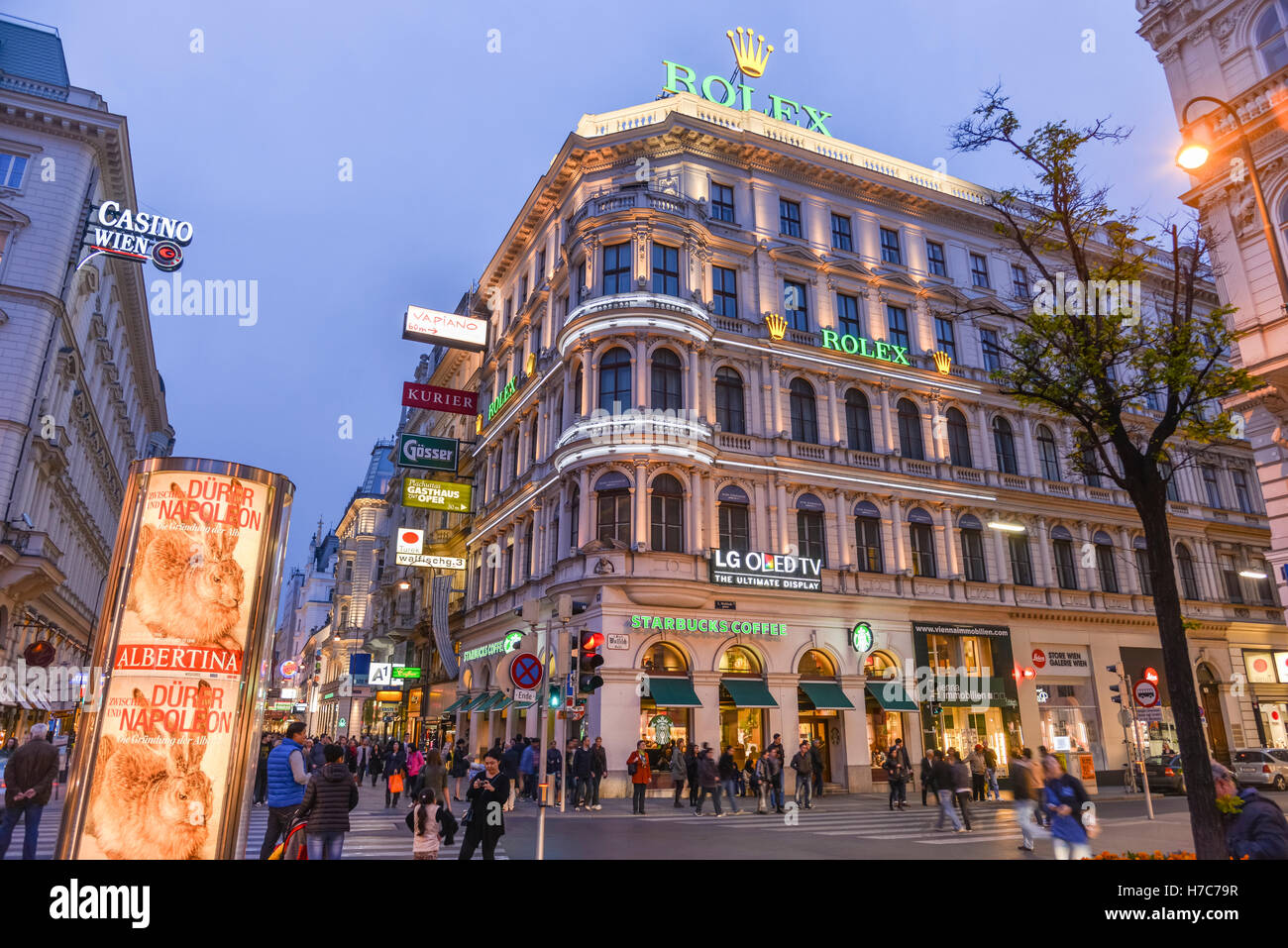 Night View of Karntner Strasse, Vienna, Austria Stock Photo