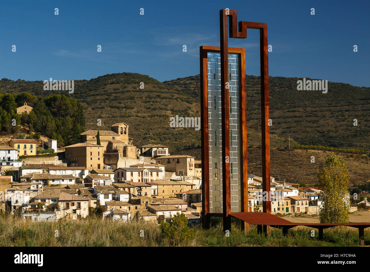 View of Eslava village and Aldunate tower. Navarra province. Spain. Europe Stock Photo