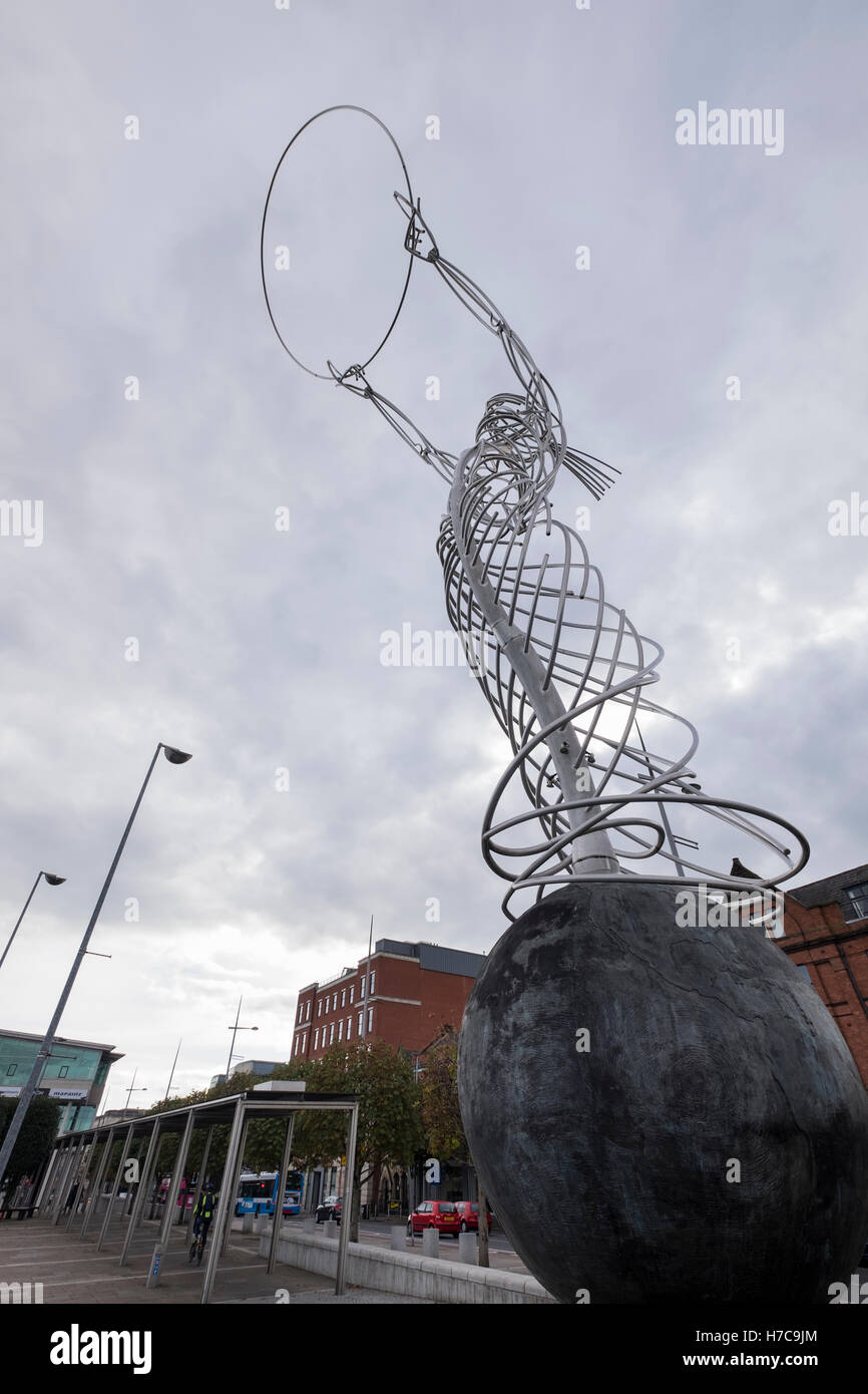 Harmony of Belfast sculpture, figure of a girl on a globe along the