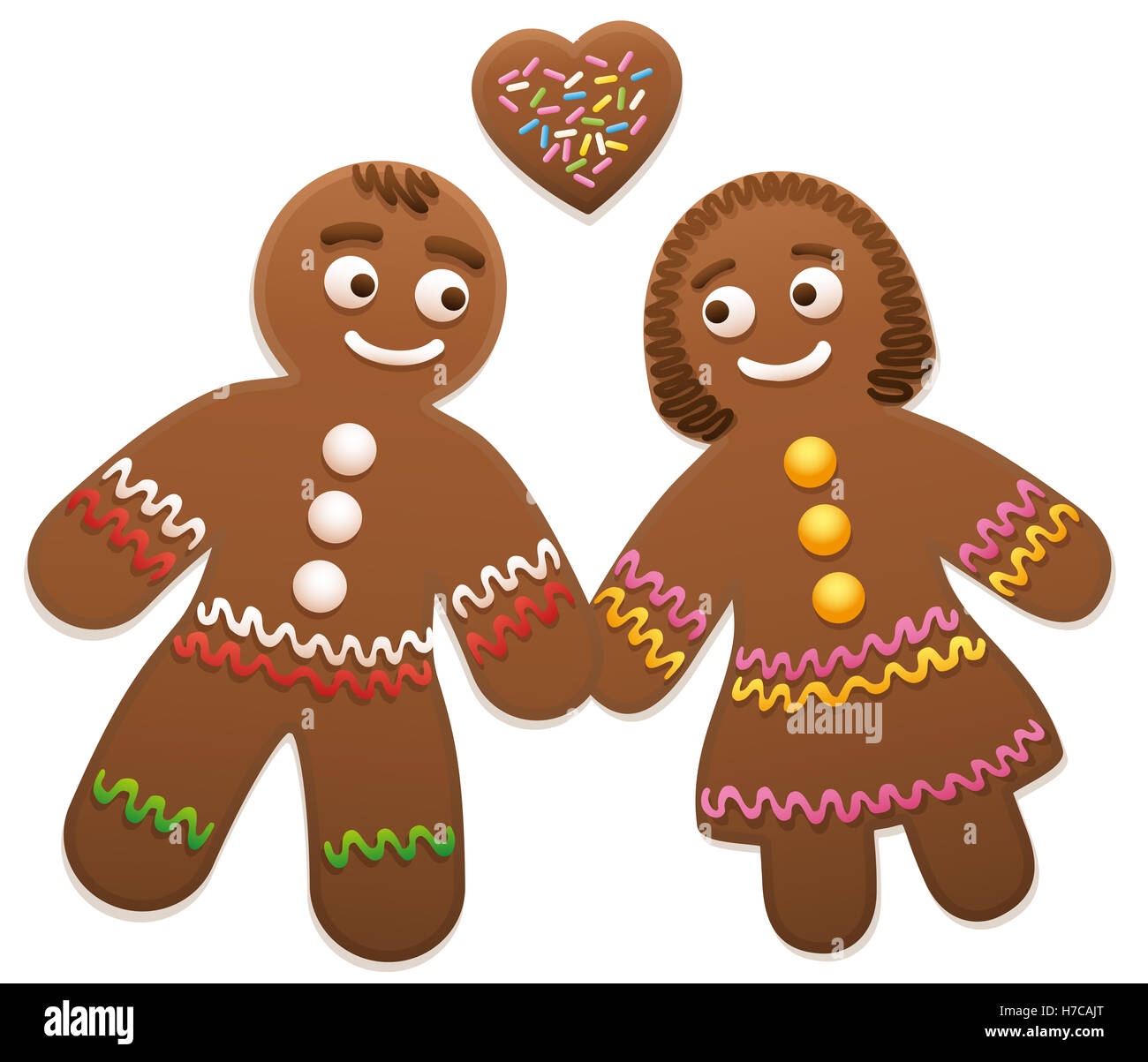 Gingerbread love couple with heart - cute and sweet christmas cookies. Stock Photo