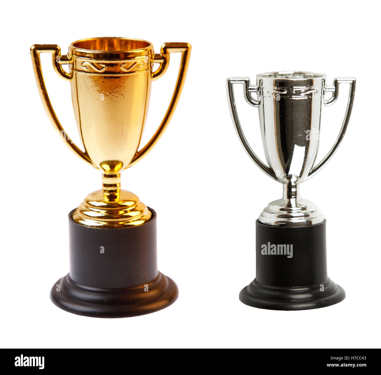 Gold and silver trophies on white background Stock Photo Alamy