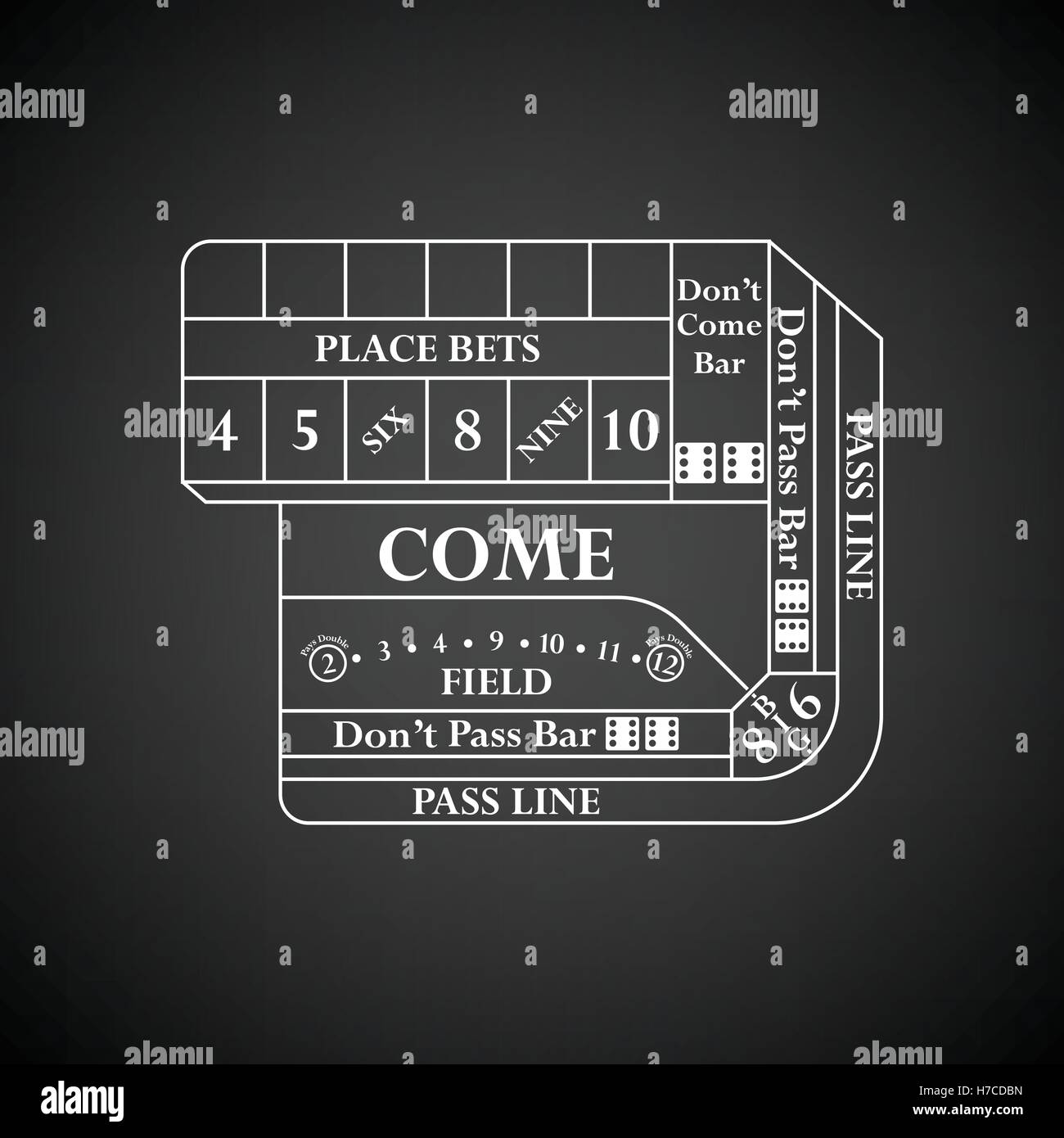 Craps table icon. Black background with white. Vector illustration ...