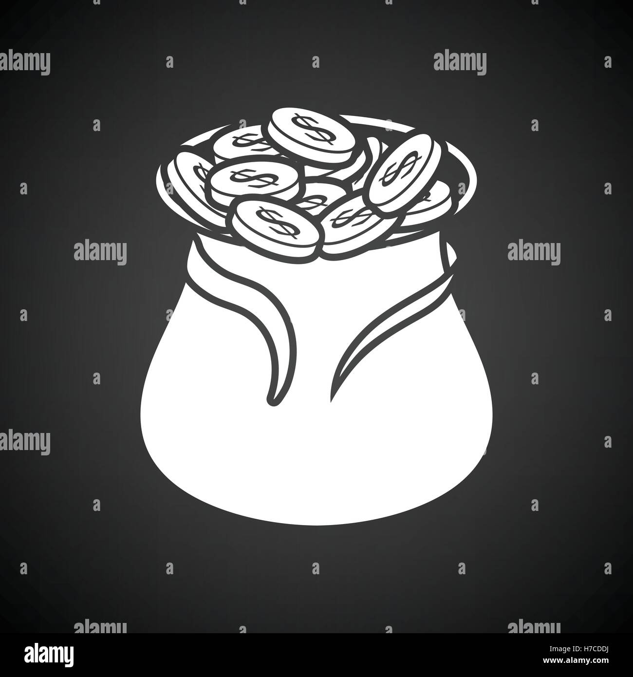 Open money bag icon. Black background with white. Vector illustration