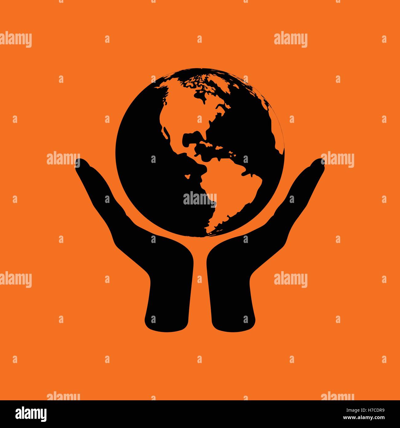 Hands holding planet icon. Orange background with black. Vector ...