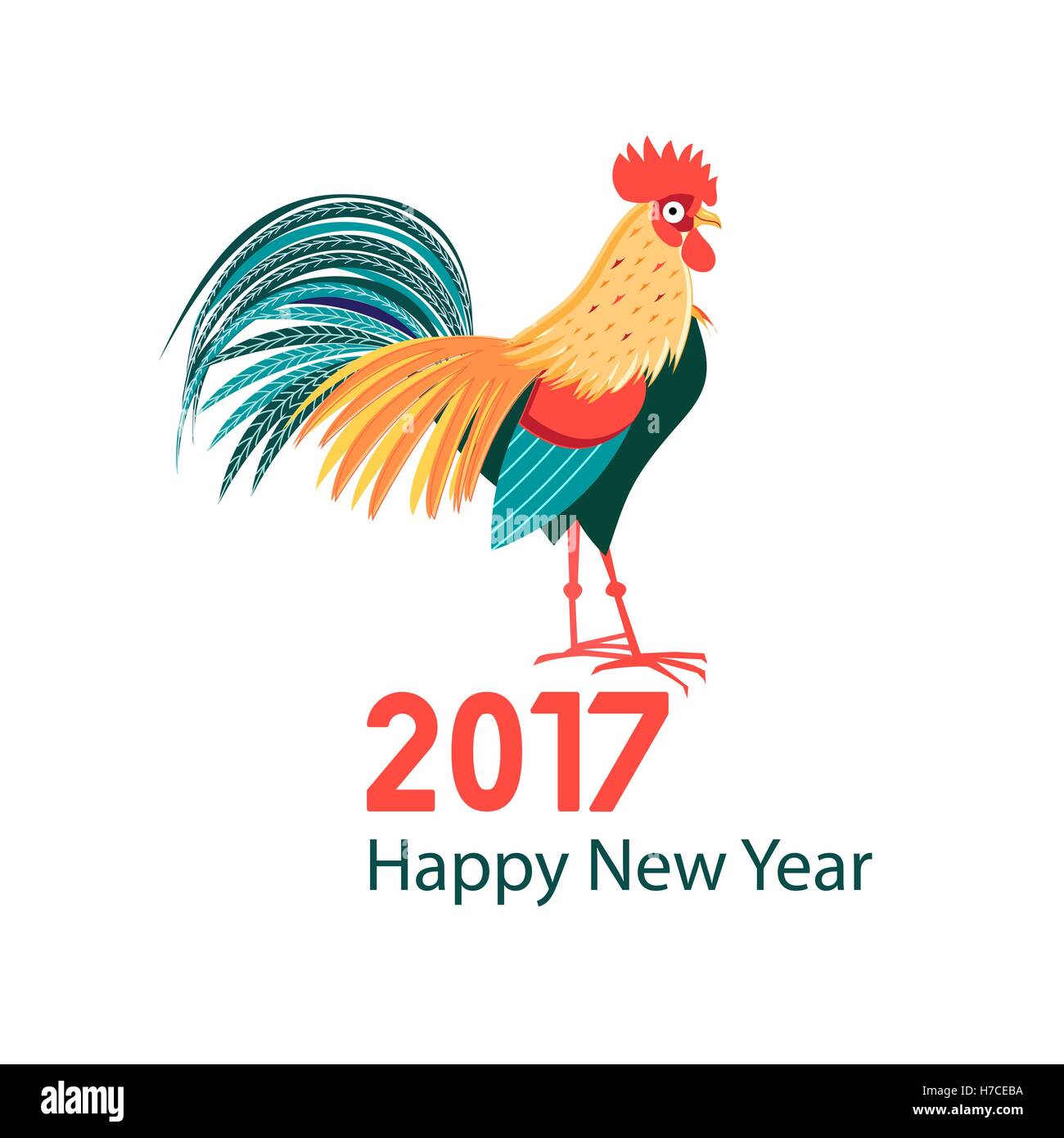 Greeting Christmas card with a rooster on a white background Stock