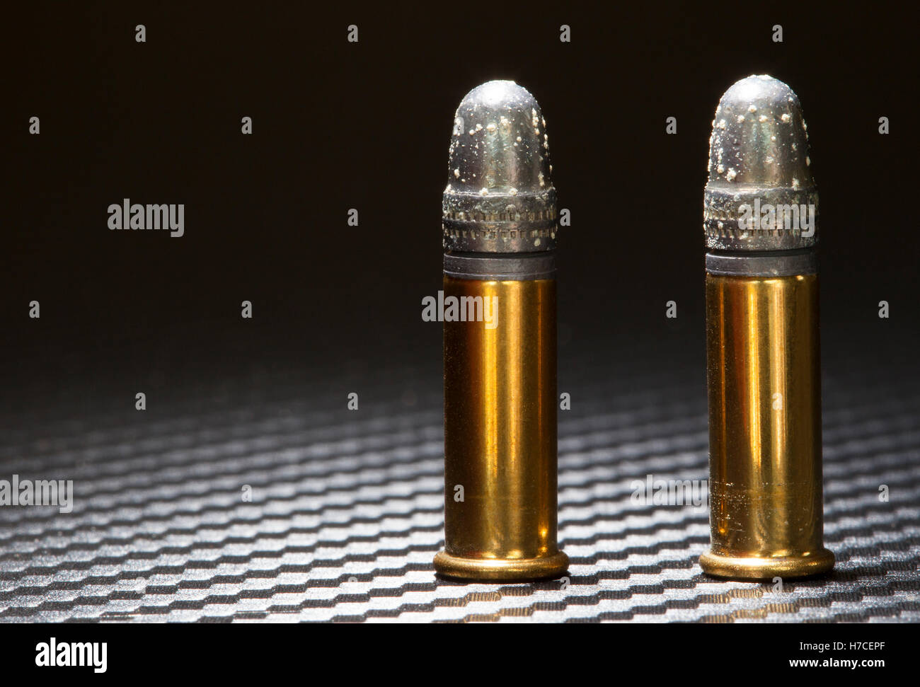 Lead bullets on rim fire ammo with white oxidation Stock Photo Alamy