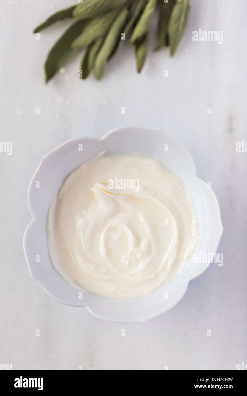 A bowl of creme fraiche accompanied by a few leaves of fresh sage are photographed from the top view. Stock Photo