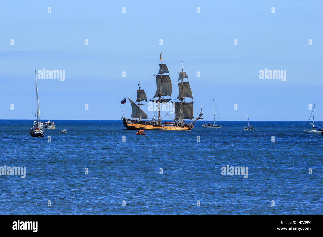 Tall Ships sail out of Blyth harbour in Northumberland,UK enroute to