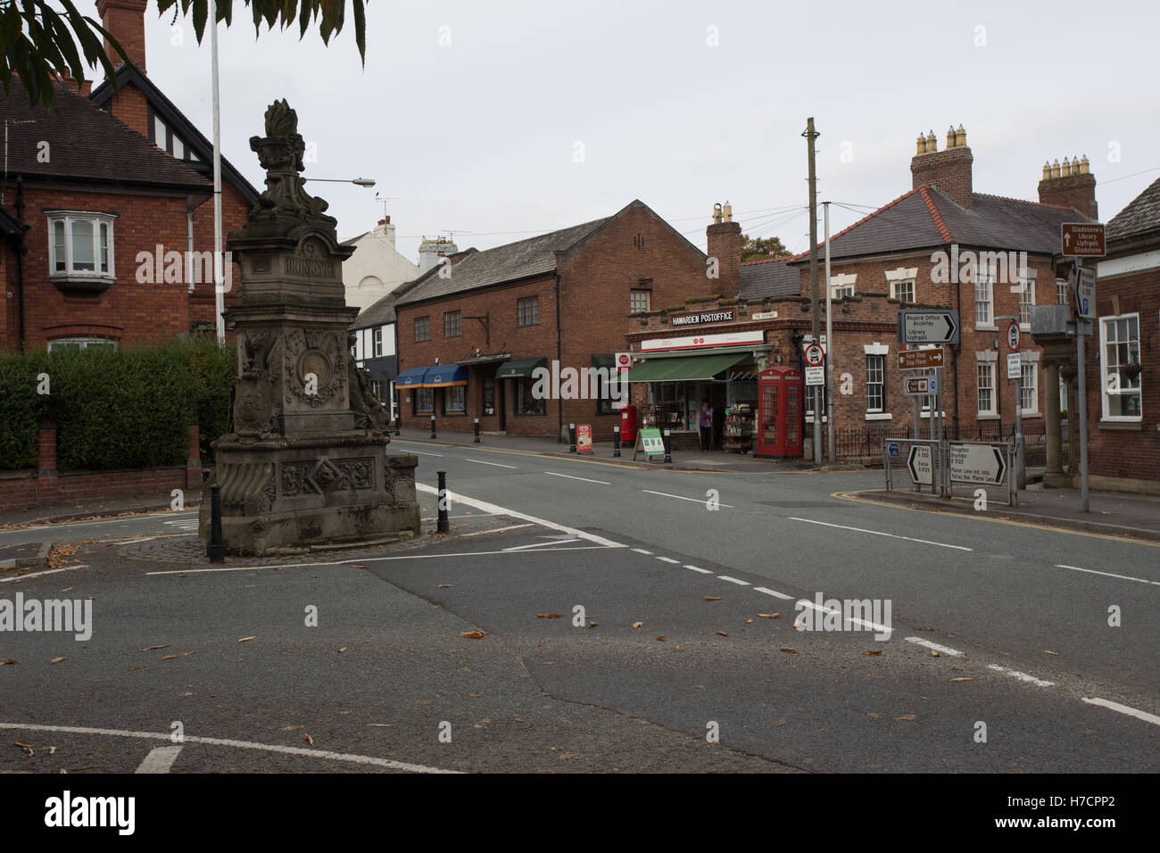 Hawarden village centre showing the Gladstone memorial fountain and the