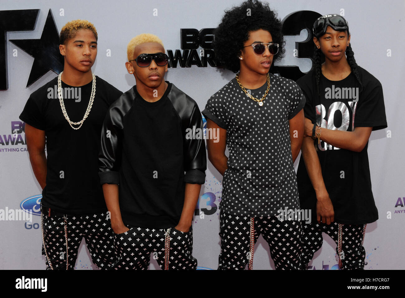 Mindless Behavior (L-R) Roc Royal, Prodigy, Princeton and Ray Ray attend the Ford Red Carpet at the 2013 BET Awards at the Nokia Theatre L.A. Live on June 30, 2013 in Los Angeles, California. Stock Photo