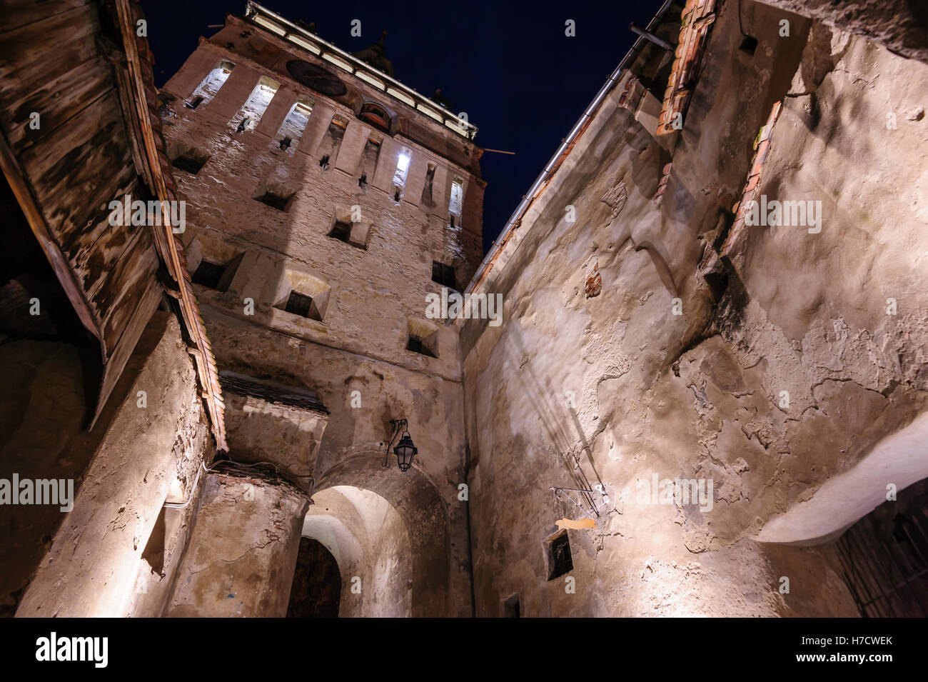 Watch tower in Sighisoara town, Romania, at night Stock Photo