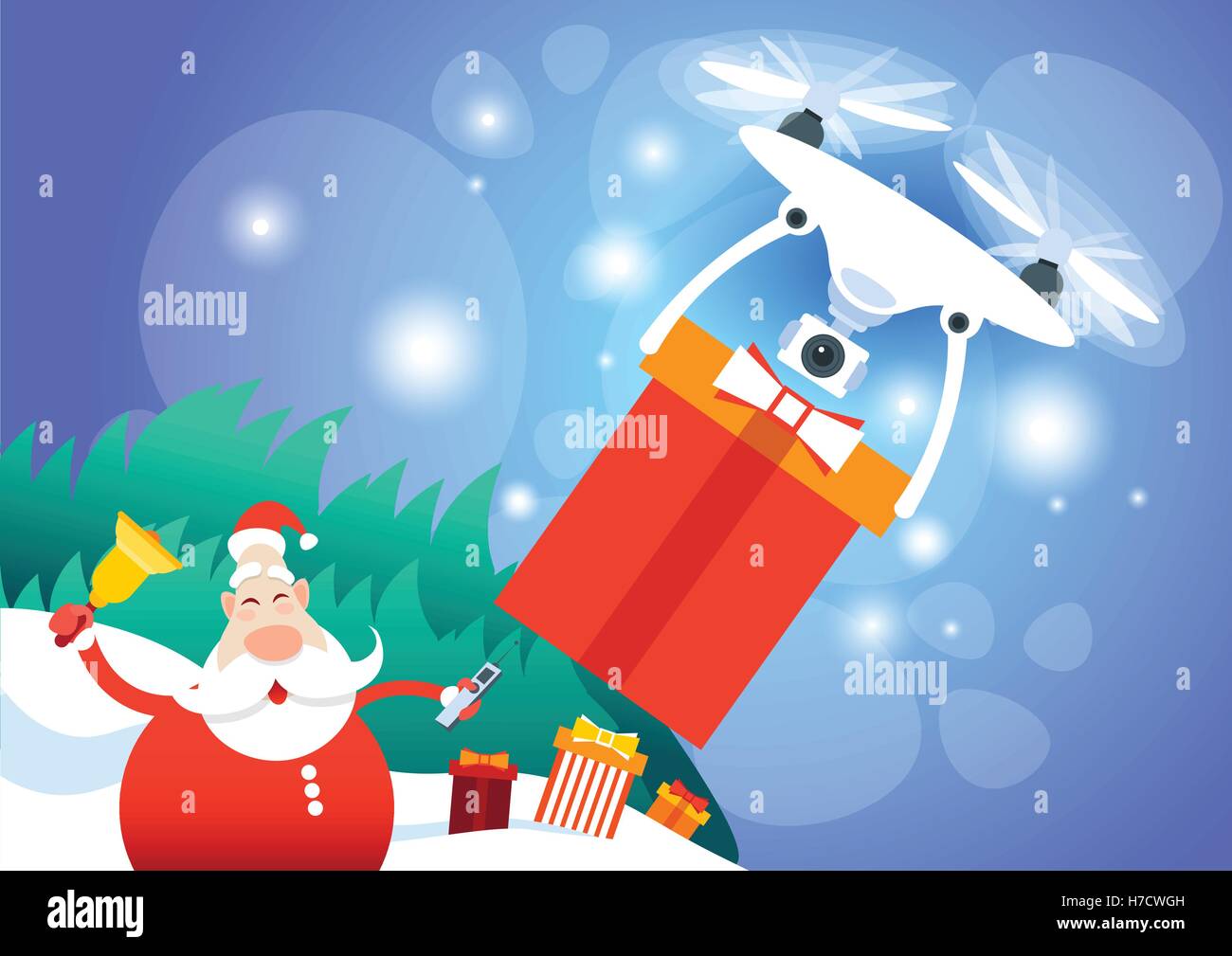 Santa Claus Drone Delivery Present, New Year Holiday Flat Vector Illustration Stock Vector & Art -