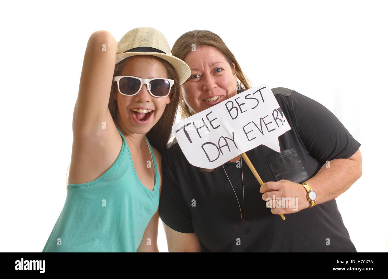 Mother and daughter having the Best Day Ever - holding a sign Stock Photo