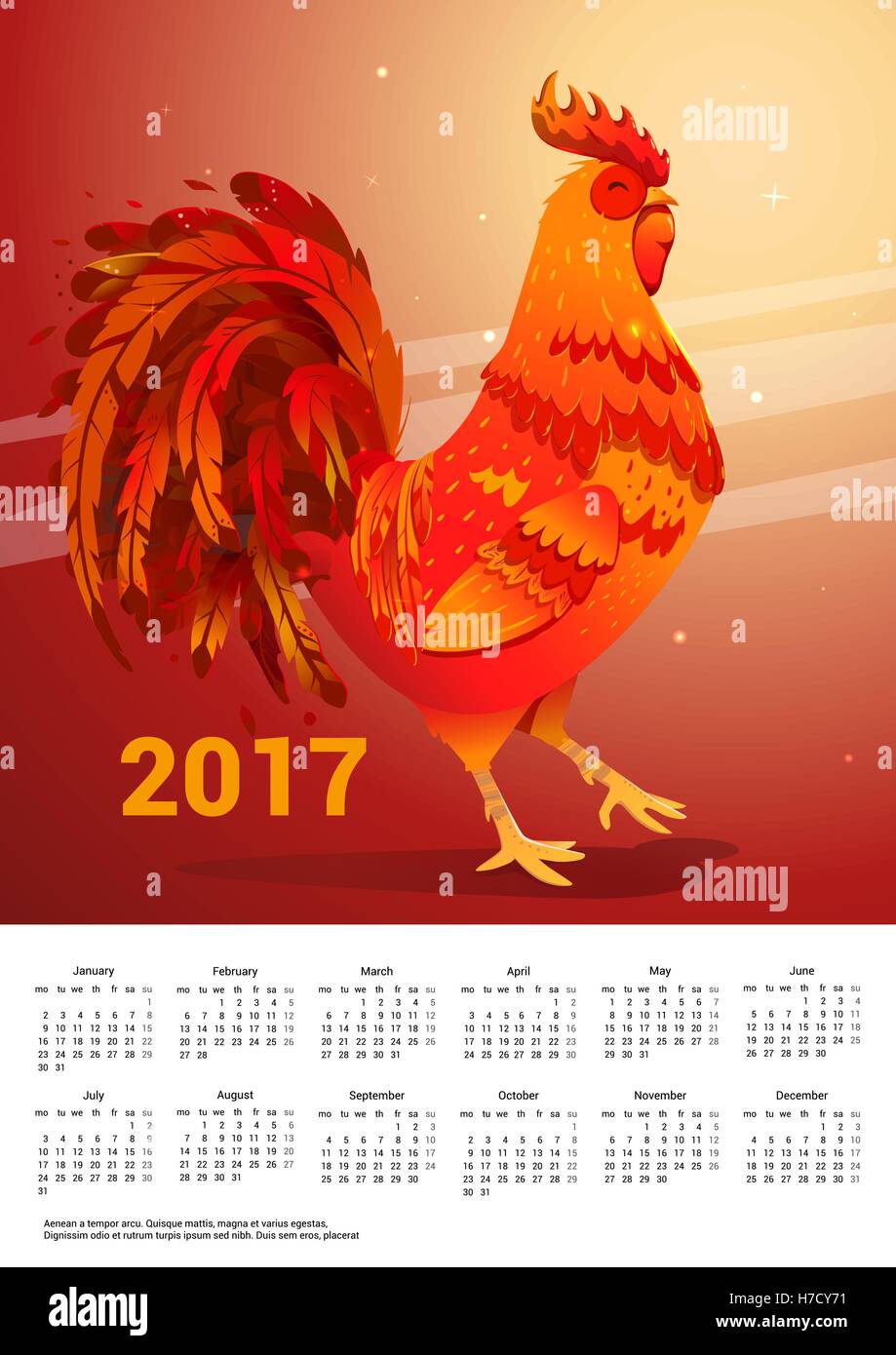 Calendar with a fiery rooster. Calendar 2017 with a rooster. Calendar ...