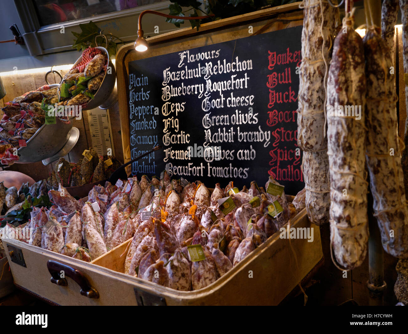 Authentic quirky French meats & blackboard display stall in Borough Market London UK Stock Photo