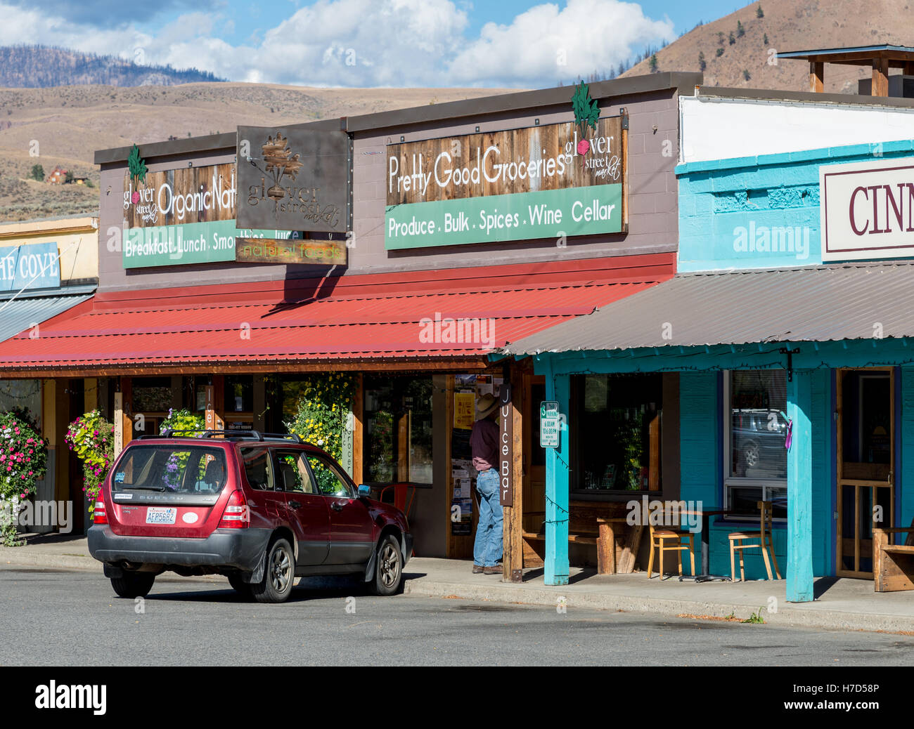 Grocery stores along street in small town Twisp, Washington, USA Stock