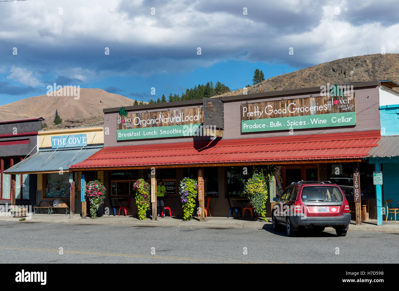 Store selling organic and natural food in small town Twisp, Washington, USA. Stock Photo
