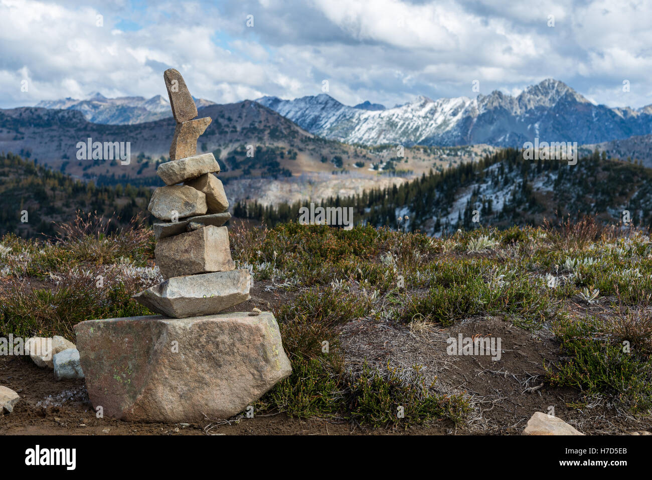 Rocks stacked by the Pacific Crest Trail in the North Cascades mountains. Washington, USA. Stock Photo