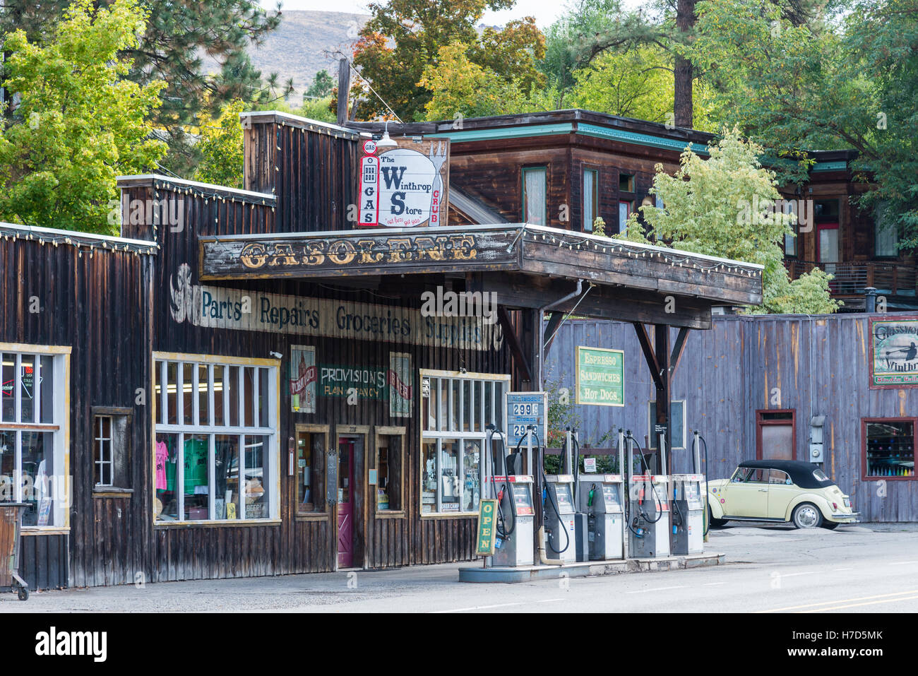 A gas station in small western town Winthrop, Washington State, USA