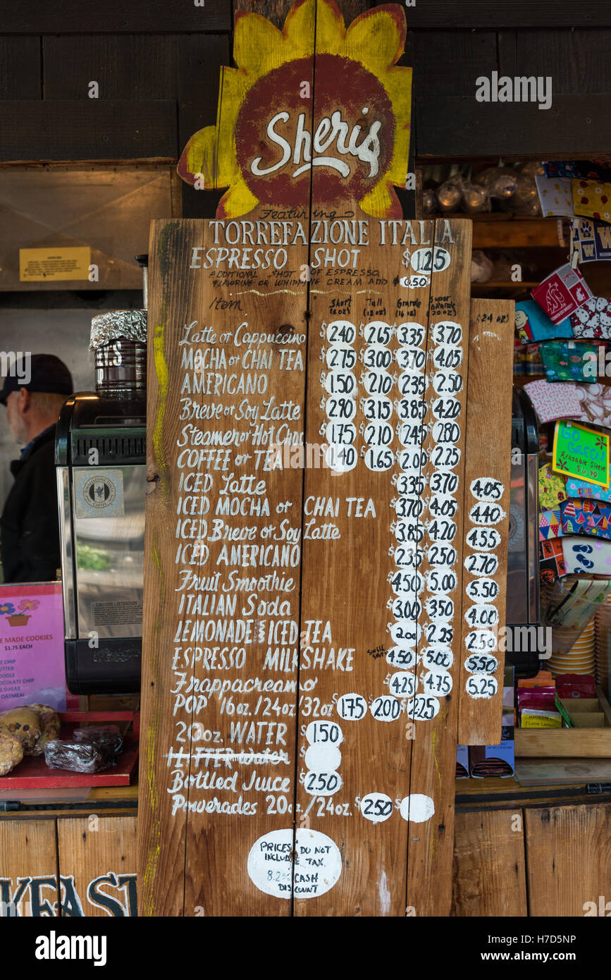 Menu written on a wooden board at a coffee shop in small western town Winthrop, Washington State, USA. Stock Photo