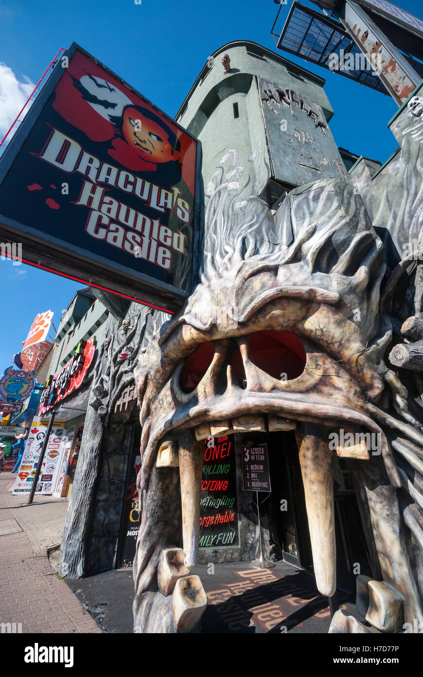 Dracula's Haunted Castle on Clifton hill, an area of Niagara Falls Canada known for its strange and tacky tourist attractions Stock Photo