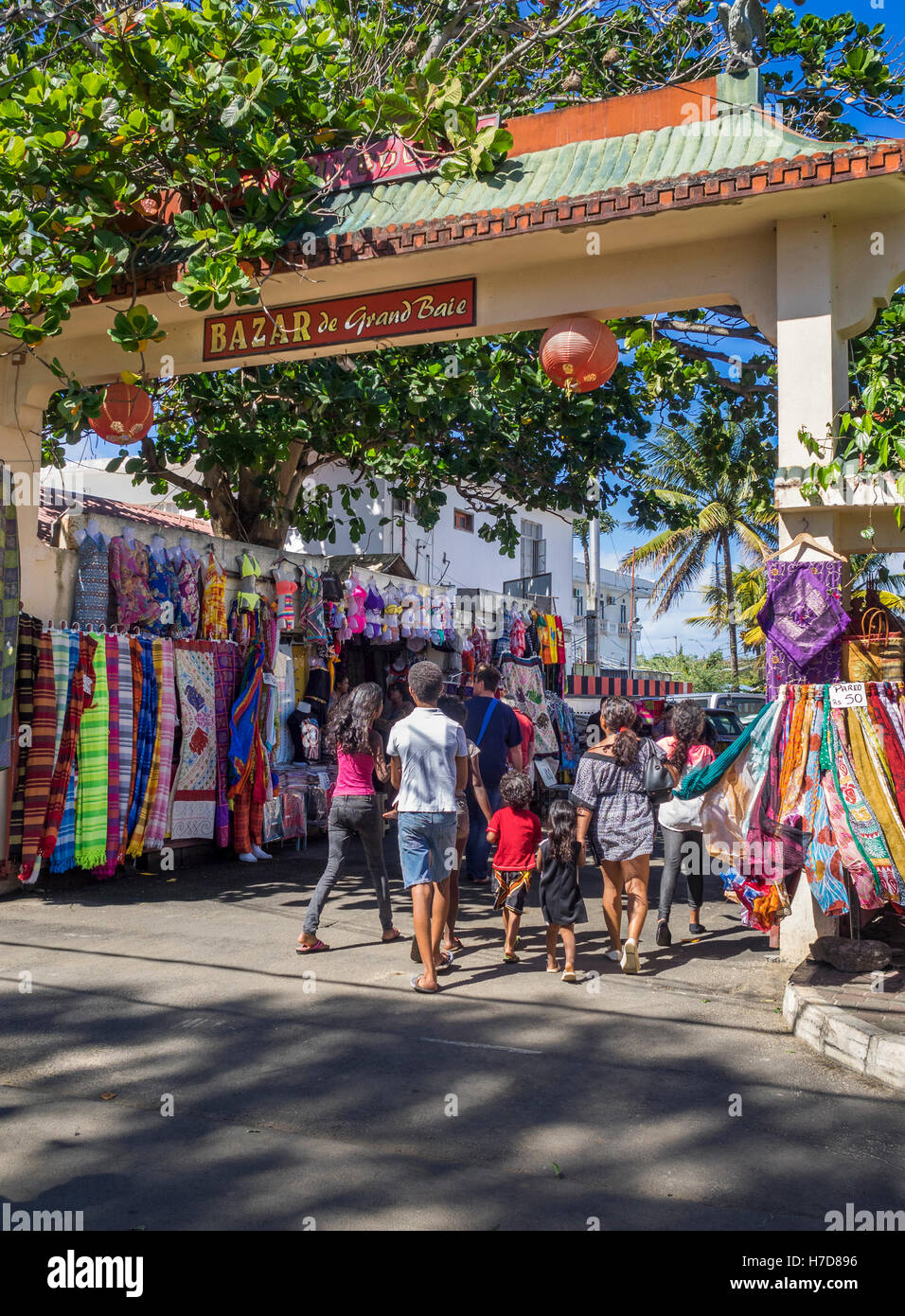 Entering the tourist market of Grand Baie, Bazar de Grand Baie, Mauritius Stock Photo